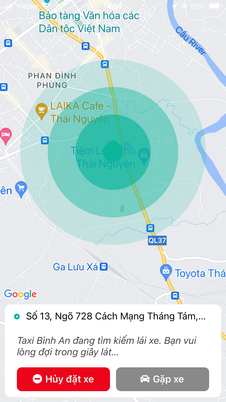 Màn hình giao diện đặt xe của ứng dụng Taxi Bình An