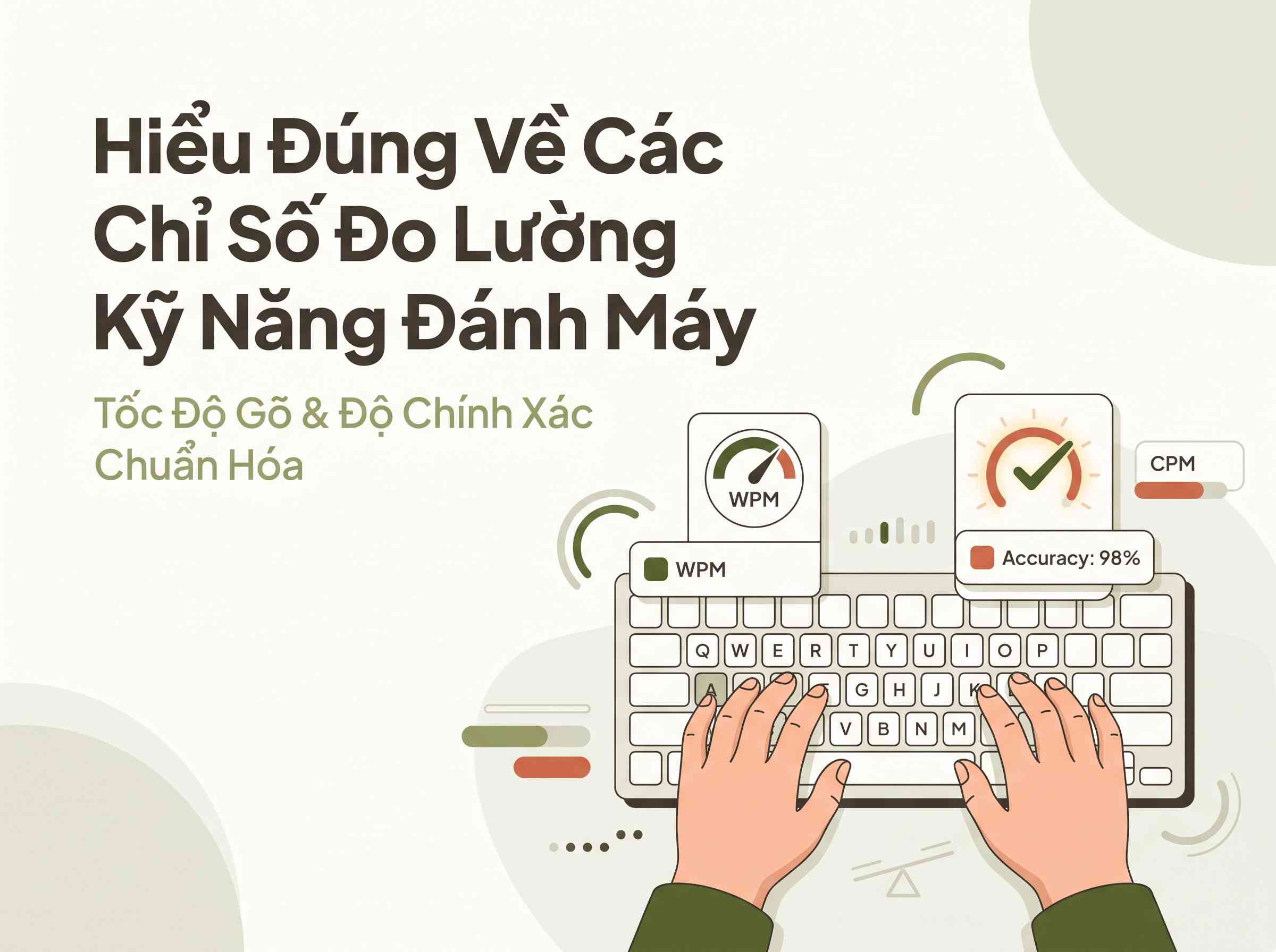 Create a premium Vietnamese editorial article illustration for the topic:
"HIỂU ĐÚNG VỀ CÁC CHỈ SỐ ĐO LƯỜNG KỸ NĂNG ĐÁNH MÁY"

- Layout and Aspect Ratio: 16:9 wide horizontal inline editorial illustration, balanced asymmetrical composition with generous airy negative space.
- Background: Warm, clean, bright cream background in #FDFCF8 with extremely subtle, soft rounded geometric shapes in pale sage #D1D5C2 and gentle natural diffused daylight.
- Main Visual: A modern flat-vector illustration showing a pair of friendly hands resting in proper Home Row ASDF-JKL posture over a clean, unbranded generic QWERTY keyboard. Floating softly above the keyboard are stylized minimalist analytical cards visualizing typing metrics: a speed indicator badge for WPM and a glowing checkmark accuracy gauge emphasizing precision and muscle memory over raw speed.
- Optional Small Labels and Info Boxes: Clean rounded rectangular info cards with subtle borders displaying short, neat metric labels like "WPM", "CPM", and "Accuracy: 98%" using deep moss green #556B2F and warm terracotta #D06A4C accents.
- Headline Placement and Typography: Left-aligned headline positioned on the upper-left area reading "Hiểu Đúng Về Các Chỉ Số Đo Lường Kỹ Năng Đánh Máy" rendered in bold, premium Plus Jakarta Sans typography colored in deep warm charcoal #4A4439.
- Supporting Line: A concise left-aligned subline directly beneath the headline reading "Tốc Độ Gõ & Độ Chính Xác Chuẩn Hóa" in medium-weight soft sage green #8A9A5B.
- Subtle Vector Support Graphics: Minimalist curved progress rings, soft rounded analytical bars, tiny keystroke rhythm dots, and abstract balance-scale lines in #D1D5C2.
- Color Palette: Strict application of brand hex colors across scene elements: background in #FDFCF8, primary text and outlines in #4A4439, structural graphic accents in #8A9A5B and #556B2F, focal points and key highlights in terracotta #D06A4C, and soft background layering in #D1D5C2. No color swatch boards, color labels, or hex code text visible on the image.
- Overall Mood: Warm, student-friendly, educational, trustworthy, refined, calm, and inspiring.
- Important Composition Rules: Keep the visual minimal and uncluttered; ensure accurate hand placement on the home row; left-align all text elements; strictly avoid dark backgrounds, tech-blue glows, neon hacker aesthetics, Western corporate stock visuals, and heavy clutter.