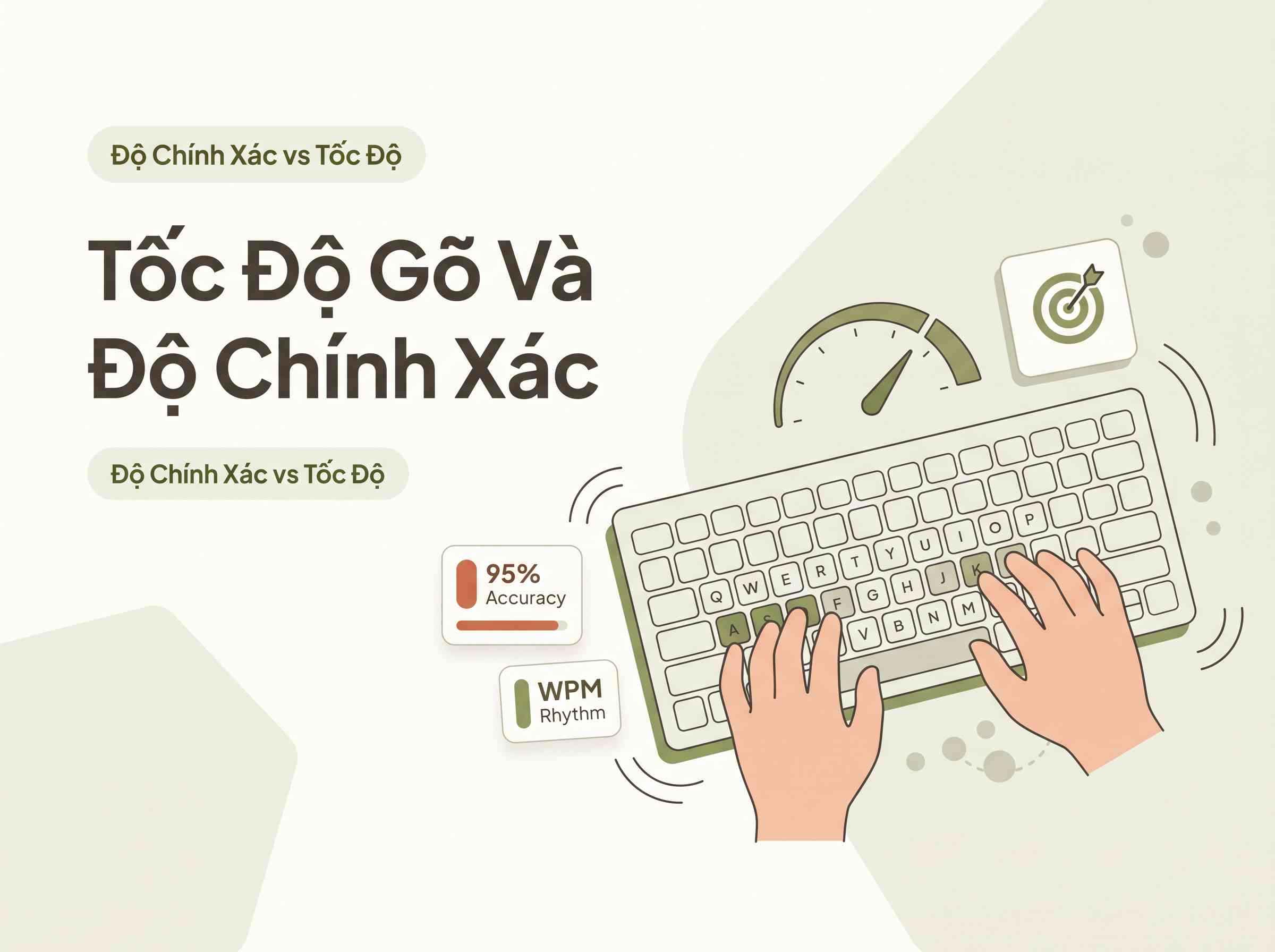 Create a premium Vietnamese editorial article illustration for the topic:
"Tốc Độ Gõ Và Độ Chính Xác: Cái Nào Quan Trọng Hơn?"

- layout/aspect ratio: 16:9 horizontal inline editorial illustration with a spacious, well-balanced composition and ample clean whitespace.
- background: Warm, soothing light cream base (#FDFCF8) with subtle, soft pale sage geometric shapes (#D1D5C2) providing depth while keeping the space airy and bright.
- main visual: A modern, rounded flat 2D vector illustration depicting the balance between typing speed and typing accuracy. In the center-right, a clean, generic minimalist QWERTY keyboard shown from a gentle angle with hands placed correctly in the Home Row (ASDF - JKL) typing posture. Floating harmoniously above the keyboard are stylized, friendly graphical elements: an elegant analog speed arc representing typing rhythm and a neat precision target icon representing accuracy. 
- headline placement and typography: Left-aligned composition on the upper-left quadrant. Headline text "Tốc Độ Gõ Và Độ Chính Xác" rendered in clean, modern, rounded Plus Jakarta Sans typography in deep warm slate brown (#4A4439).
- supporting line if needed: Small rounded pill badge above or below the title displaying "Độ Chính Xác vs Tốc Độ" in deep olive green (#556B2F) text on a soft cream surface.
- optional small labels/info boxes: Two small, neat floating info cards with rounded corners: one card showing "95% Accuracy" with warm terracotta accents (#D06A4C), and another showing "WPM Rhythm" with sage green accents (#8A9A5B).
- subtle vector support graphics: Minimalist rounded keystroke ripples, smooth curved momentum lines, and soft abstract dots illustrating muscle memory connection.
- color palette: #8A9A5B, #FDFCF8, #556B2F, #D06A4C, #4A4439, #D1D5C2 applied harmoniously across illustration elements and typography.
- overall mood: Educational, warm, approachable, trustworthy, calm, student-friendly, and modern Vietnamese editorial aesthetic.
- important composition rules: Strictly maintain an open, bright composition. No dark backgrounds, no tech blue or cyan gradients, no neon glow effects, no hacker motifs, no Western corporate stock look, and no visible keyboard brand logos. Never render color palette swatches, hex code labels, or color blocks on the canvas. Ensure realistic Home Row finger alignment on standard QWERTY layout. Keep all text minimal, left-aligned, and strictly legible.