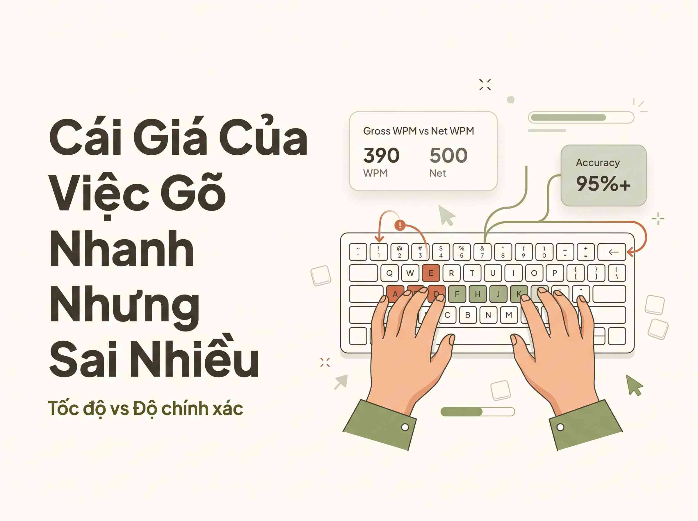 Create a premium Vietnamese editorial article illustration for the topic: "CÁI GIÁ CỦA VIỆC GÕ NHANH NHƯNG SAI NHIỀU"

- Layout and Aspect Ratio: Horizontal 16:9 aspect ratio, clean editorial inline article illustration with a balanced composition and generous white space.
- Background: Minimalist solid warm cream background (#FDFCF8), soft natural ambient lighting, completely free of dark gradients or clutter.
- Main Visual: A modern flat rounded vector illustration depicting an Asian student hands correctly placed in Home Row ASDF-JKL typing posture over a generic clean QWERTY keyboard. Visual storytelling contrasting rushed inaccurate typing versus calm precision: subtle terracotta orange (#D06A4C) error markers and backspace loops illustrating the hidden time cost of mistakes, contrasted with smooth sage green (#8A9A5B) precision flow lines highlighting steady muscle memory and flawless workflow.
- Info Boxes and Badges: Clean, floating rounded-corner minimal info cards displaying simple typing metrics like "Gross WPM vs Net WPM" and "Accuracy 95%+", styled with soft muted sage (#D1D5C2) fills and crisp dark charcoal text (#4A4439).
- Headline Placement and Typography: Left-aligned clean typography in Plus Jakarta Sans style, prominent Vietnamese headline text: "Cái Giá Của Việc Gõ Nhanh Nhưng Sai Nhiều" in bold dark olive charcoal (#4A4439).
- Supporting Line: Small muted subtitle below the headline reading "Tốc độ vs Độ chính xác" in deep olive green (#556B2F).
- Subtle Vector Support Graphics: Minimalist geometric accents, smooth rounded progress bars, subtle floating keycap outlines, and gentle cursor arrows in #D1D5C2 and #8A9A5B.
- Color Palette: Strict palette applied only to artwork elements: #8A9A5B, #FDFCF8, #556B2F, #D06A4C, #4A4439, #D1D5C2.
- Overall Mood: Warm, student-friendly, educational, trustworthy, premium Vietnamese SEO editorial, thoughtful and clear.
- Important Composition Rules: Maintain ample negative space; accurate generic QWERTY Home Row layout without specific brand logos; strictly avoid dark backgrounds, neon glows, cyber blue tech tones, hacker aesthetics, Western models, corporate stock photo looks, and do not render any visible color swatches or hex code text.
