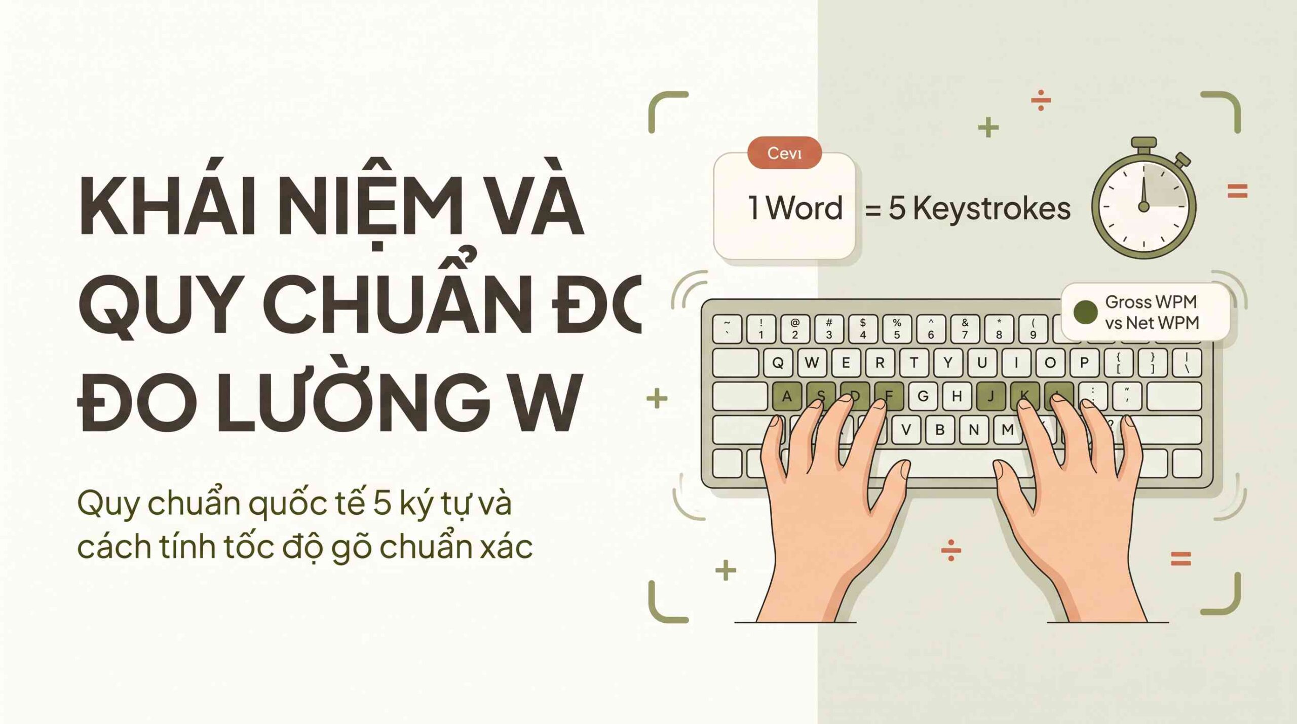 Create a premium Vietnamese editorial article illustration for the topic:
"KHÁI NIỆM VÀ QUY CHUẨN ĐO LƯỜNG WPM"
- Layout/Aspect ratio: Horizontal 16:9 editorial inline illustration, clean two-part composition with headline area on the left and visual concept on the right, balanced with abundant negative space.
- Background: Warm, bright light cream (#FDFCF8) with subtle soft sage (#D1D5C2) structural tints, illuminated with soft, natural morning daylight.
- Main visual: A modern flat-rounded 2D editorial illustration depicting the international typing measurement standard. An unbranded minimalist keyboard with accurate QWERTY keycaps, graceful Asian hands correctly positioned on the ASDF-JKL Home Row keys, accompanied by a clean conceptual visual breakdown illustrating "1 Word = 5 Keystrokes" alongside a stylized minimal 60-second stopwatch graphic.
- Info boxes: Subtle floating rounded cards in cream (#FDFCF8) with soft outlines, featuring concise conceptual cues: "1 Word = 5 Keystrokes" and "Gross WPM vs Net WPM", highlighted with small accent badges in warm terracotta (#D06A4C) and deep olive (#556B2F).
- Headline placement and typography: Left-aligned, bold, clean geometric sans-serif typography resembling Plus Jakarta Sans in deep warm charcoal (#4A4439), displaying the headline "KHÁI NIỆM VÀ QUY CHUẨN ĐO LƯỜNG WPM".
- Supporting line: A small, elegant sub-headline below in deep olive (#556B2F): "Quy chuẩn quốc tế 5 ký tự và cách tính tốc độ gõ chuẩn xác".
- Subtle vector support graphics: Minimalist rounded geometric brackets, subtle keystroke ripple curves, and tiny math symbol accents (+, ÷, =) in soft sage green (#8A9A5B) and terracotta (#D06A4C).
- Color palette: #8A9A5B, #FDFCF8, #556B2F, #D06A4C, #4A4439, #D1D5C2.
- Overall mood: Warm, scholarly, trustworthy, student-friendly, clean, premium Vietnamese editorial clarity.
- Important composition rules: Left-aligned typography with spacious breathing margins; correct QWERTY keyboard layout and proper Home Row finger placement; strictly no visible keyboard brand logos, no color swatch graphics, no dark backgrounds, no tech blue or neon cyber aesthetics, and no Western stock models.