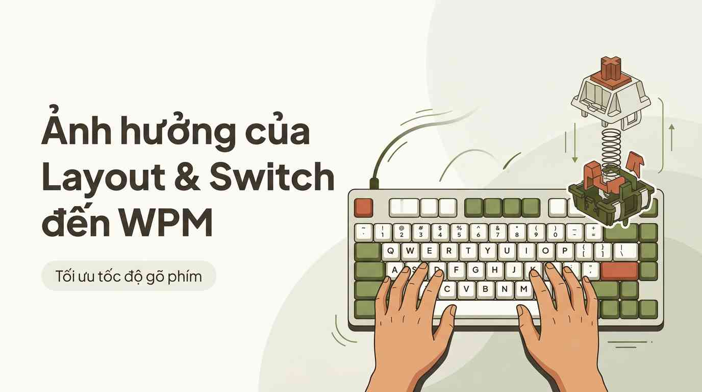 Create a premium Vietnamese editorial article illustration for the topic:
"ẢNH HƯỞNG CỦA LAYOUT VÀ SWITCH BÀN PHÍM CƠ ĐẾN WPM"
- Layout/Aspect Ratio: 16:9 horizontal inline article graphic, well-balanced composition with abundant clean whitespace.
- Background: Minimalist bright warm cream backdrop in #FDFCF8 with delicate, subtle curved geometric undertones in #D1D5C2 and soft natural ambient daylight.
- Main Visual: A refined, rounded flat-style illustration showing an unbranded mechanical keyboard with accurate QWERTY key layout. Hands with warm Asian skin tones rest naturally in proper Home Row posture (ASDF - JKL). Beside the keyboard, an exploded, aesthetic visual of mechanical switch anatomy (stem, spring, tactile mechanism) accented with earthy tones, cleanly illustrating how key switch mechanics and layout ergonomics optimize typing speed and WPM performance.
- Headline Placement and Typography: Clean left-aligned editorial text reading "Ảnh hưởng của Layout & Switch đến WPM" set in modern Plus Jakarta Sans bold font in deep earthy tone #4A4439, integrated harmoniously with generous negative space.
- Optional Small Labels/Info Boxes: A small, elegant rounded pill container displaying "Tối ưu tốc độ gõ phím" in crisp minimalist text with a soft background.
- Subtle Vector Support Graphics: Minimalist dynamic keystroke trails, gentle rounded geometric curves, and clean motion accents highlighting switch actuation without clutter.
- Color Palette: Cohesive application of #8A9A5B, #FDFCF8, #556B2F, #D06A4C, #4A4439, and #D1D5C2 naturally integrated across illustrations and elements. No color swatches, color palette boards, or hex labels visible in the artwork.
- Overall Mood: Warm, student-friendly, trustworthy, educational, highly focused, modern Vietnamese SEO editorial standard.
- Important Composition Rules: Prioritize generous breathing room, left-aligned text hierarchy, strictly accurate QWERTY layout and Home Row hand placement; absolutely no dark backdrops, no neon glows, no cyber technology blue lighting, no western corporate stock imagery.